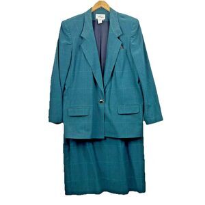 Vintage Worthington Women's 18 Glen Plaid Green Skirt Blazer Suit Career Retro